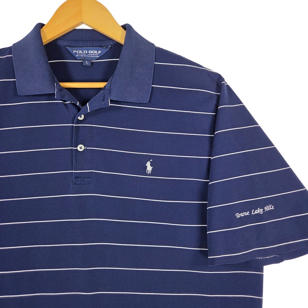 Polo Golf Ralph Lauren Mens Navy Blue Striped Pima Cotton Polo Shirt Large
